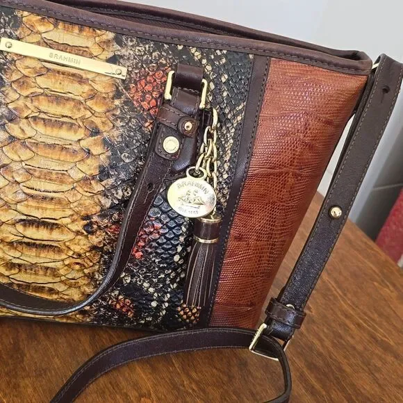 Brahmin | Mini Asher Brown Tyndal Snake Lizard Smooth Leather Satchel - Picture 2 of 16